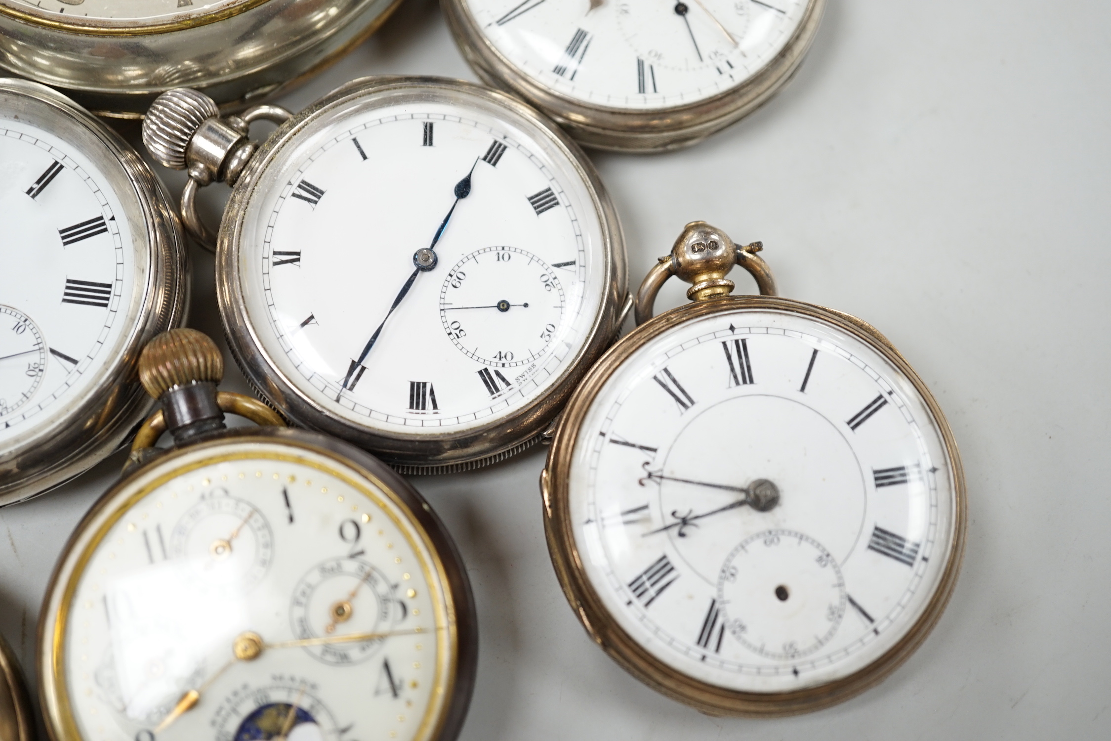 Thirteen assorted silver and mainly base metal pocket watches including half hunter and calendar moonphase.